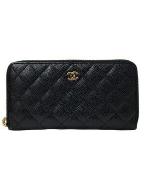 Chanel Wallet Quilted Caviar Leather Black Gold Zip Around